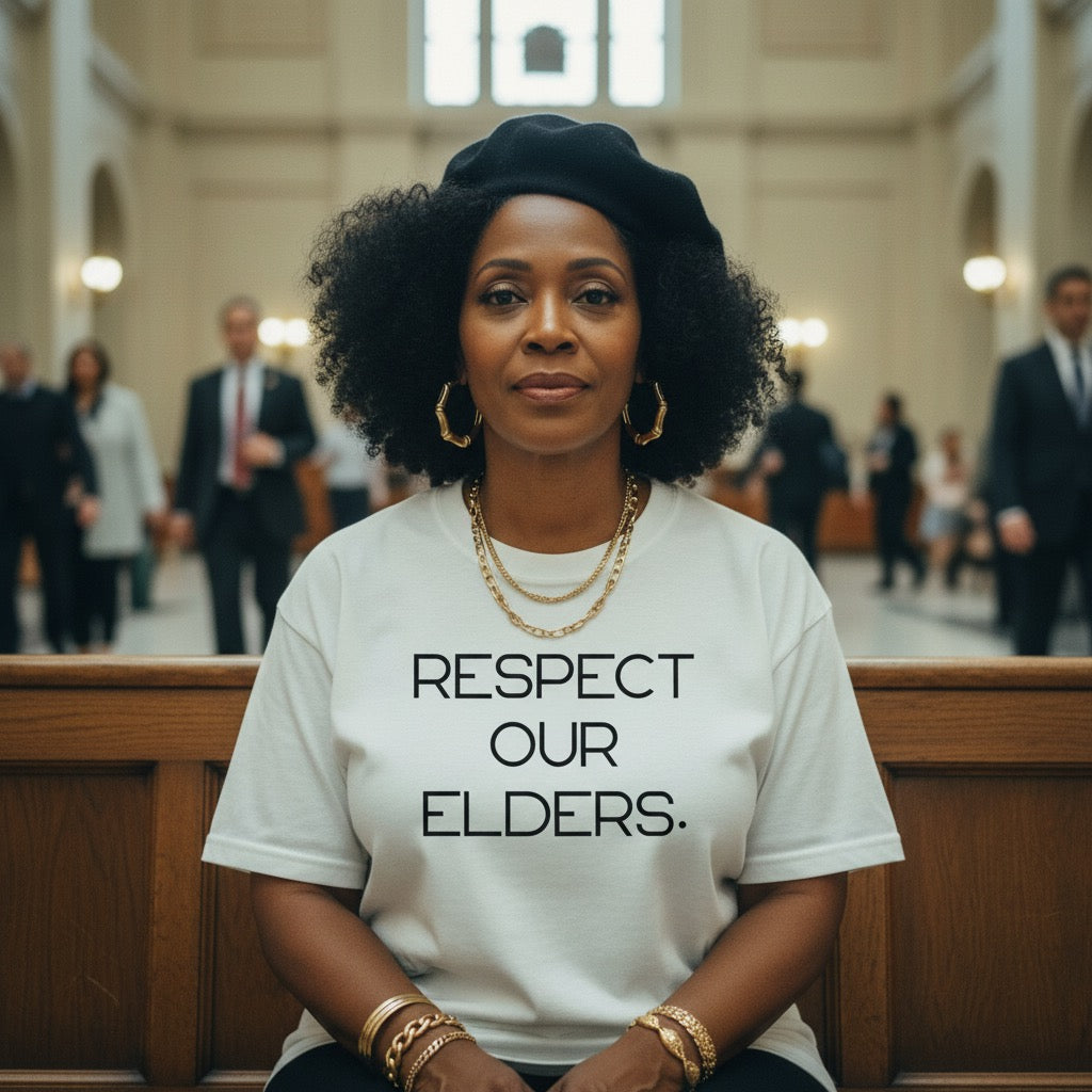 White statement shirt featuring “Respect Our Elders” stacked typography design
