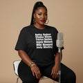 Black woman wearing Seasoned Sangers t-shirt black