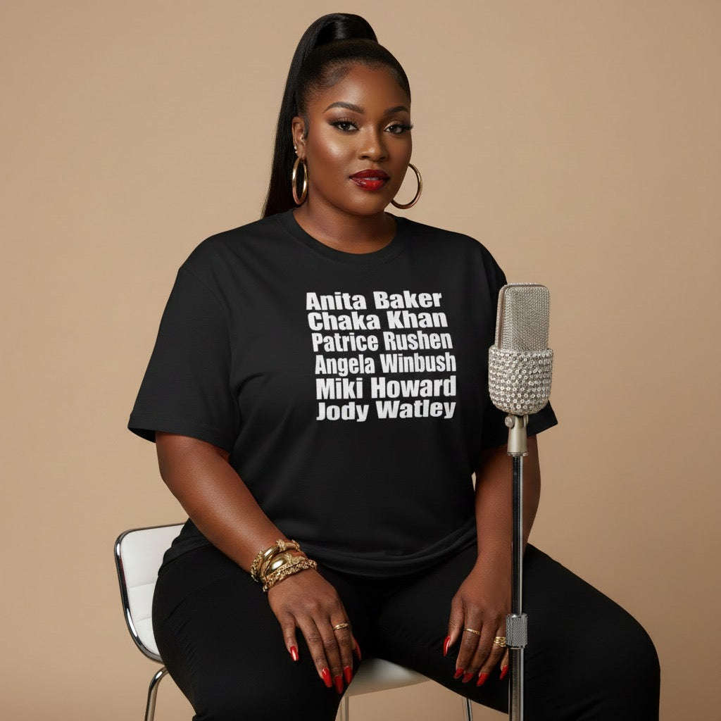 Black woman wearing Seasoned Sangers t-shirt black