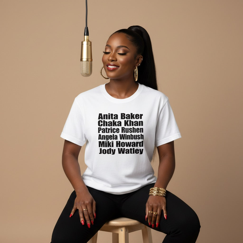 Black woman wearing Seasoned Sangers t-shirt white