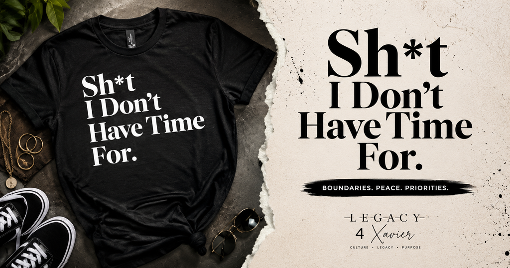 Black t-shirt with white text 'Sh*t I Don't Have Time For.' on a textured surface with sneakers and sunglasses.