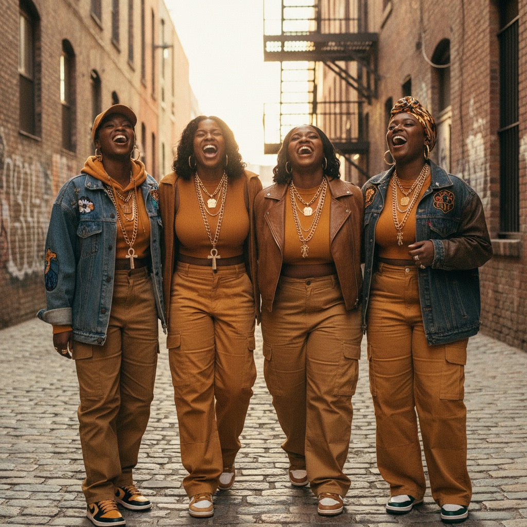 Black women representing lifelong friendship, sisterhood, and chosen family in the Sistah Frenz collection by Legacy 4 Xavier