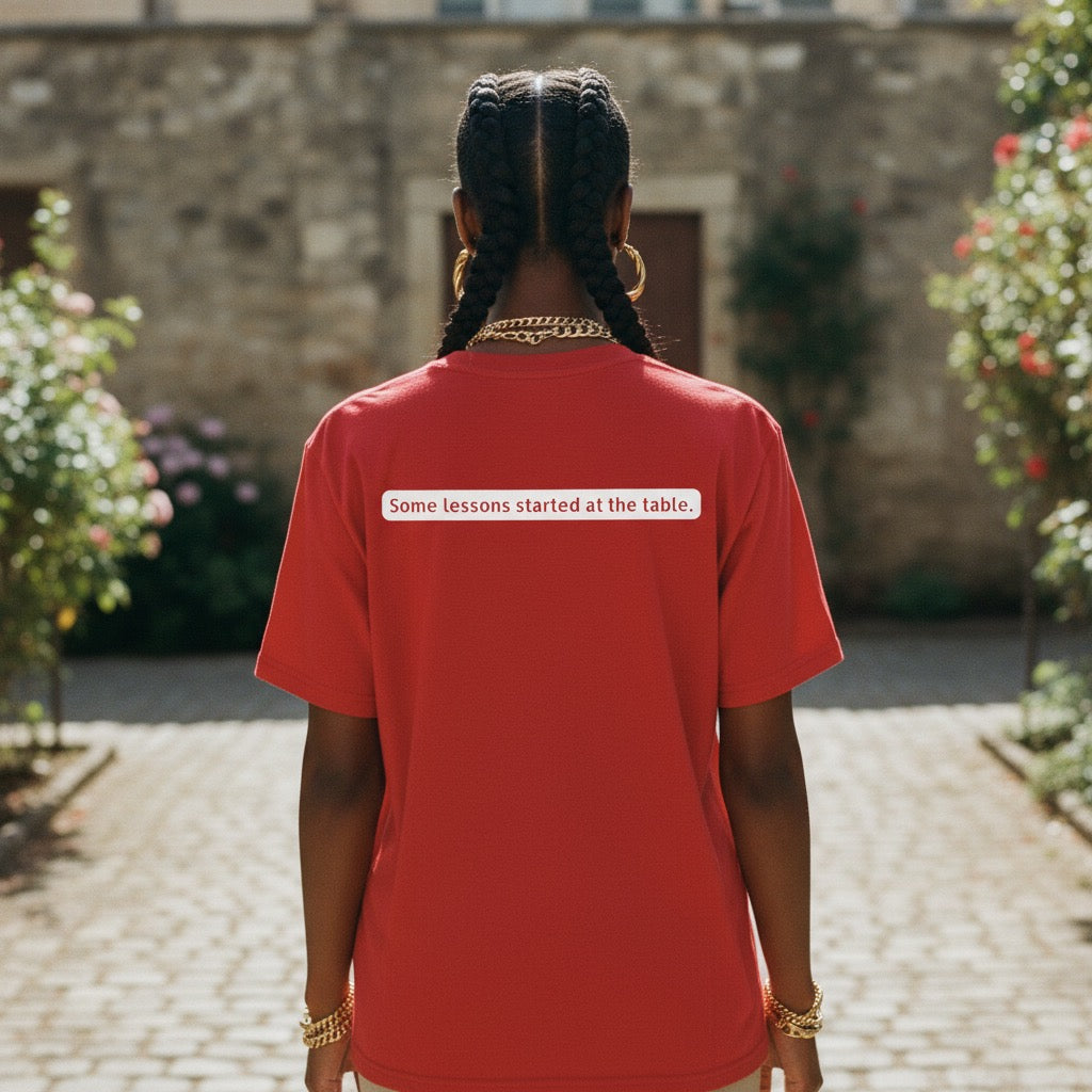 Black woman wearing “Sone lessons started at the table” cultural statement apparel by Legacy 4 Xavier