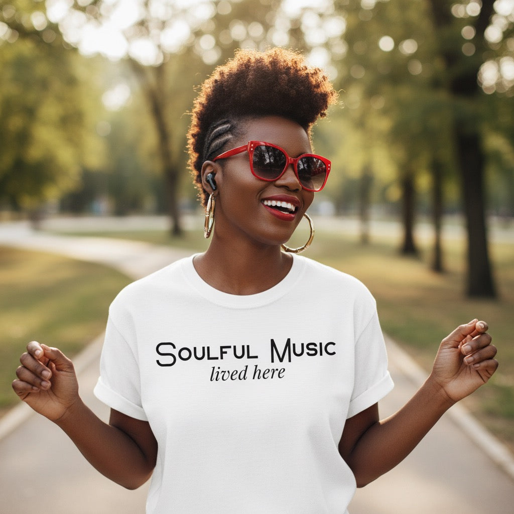 Woman wearing a 'Soulful Music lived here' t-shirt in a park.