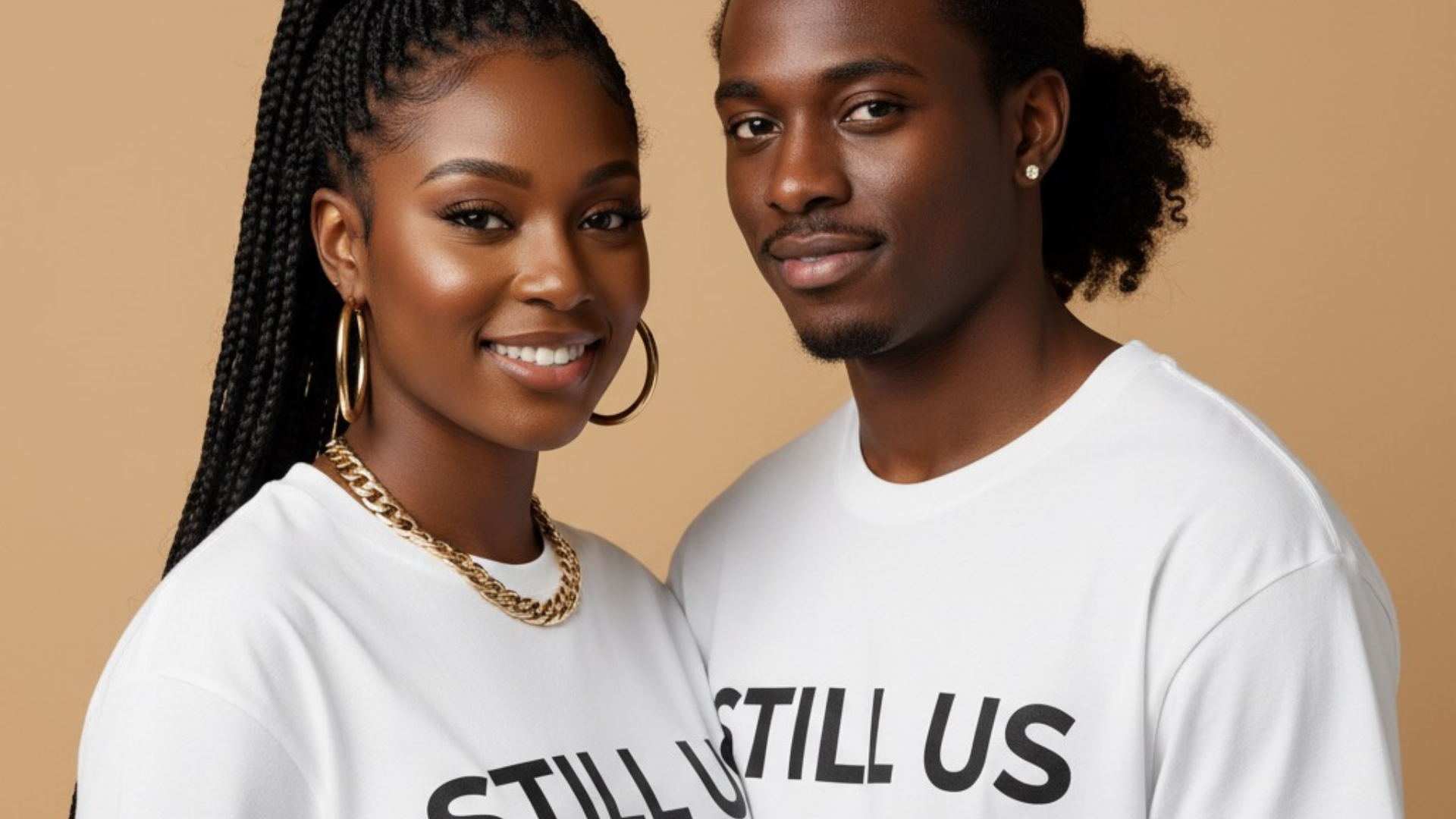 Two people wearing white t-shirts with 'STILL US' text on a beige background