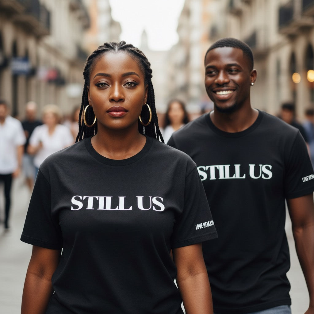 Two people wearing 'STILL US' t-shirts on a city street.