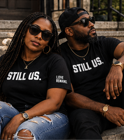 Couple wearing Still Us. statement shirts representing lasting connection
