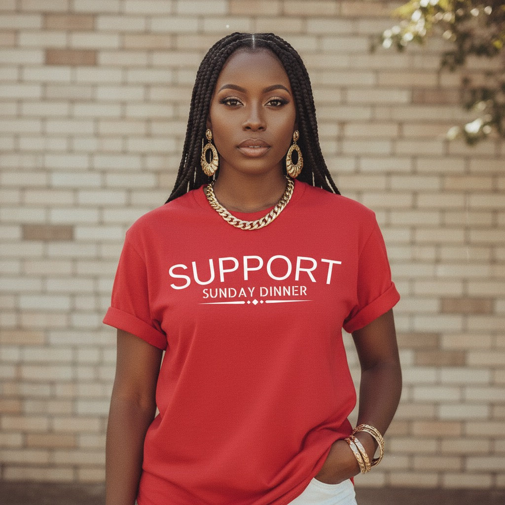 Red unisex shirt inspired by Sunday dinner traditions and generational wisdom