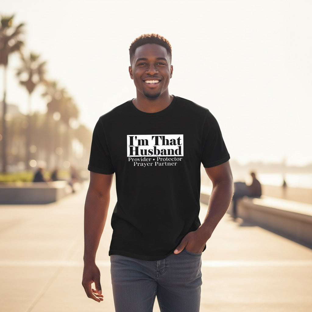 Man wearing a black t-shirt with text standing outdoors with palm trees in the background