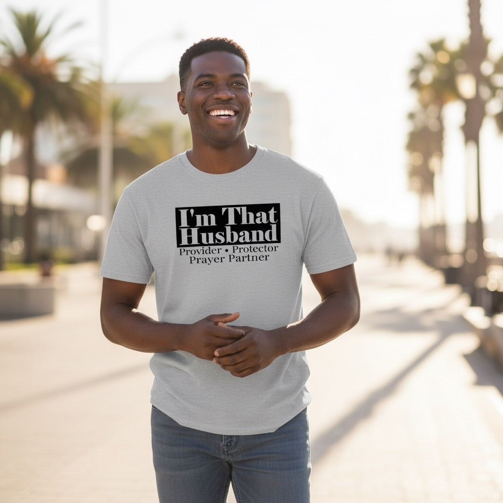 Man wearing a t-shirt with text standing outdoors with palm trees in the background