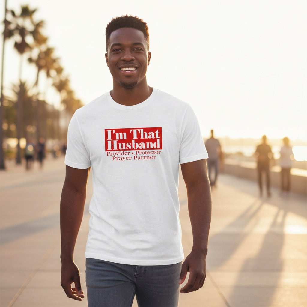 Man wearing a white t-shirt with red text at a park during sunset.