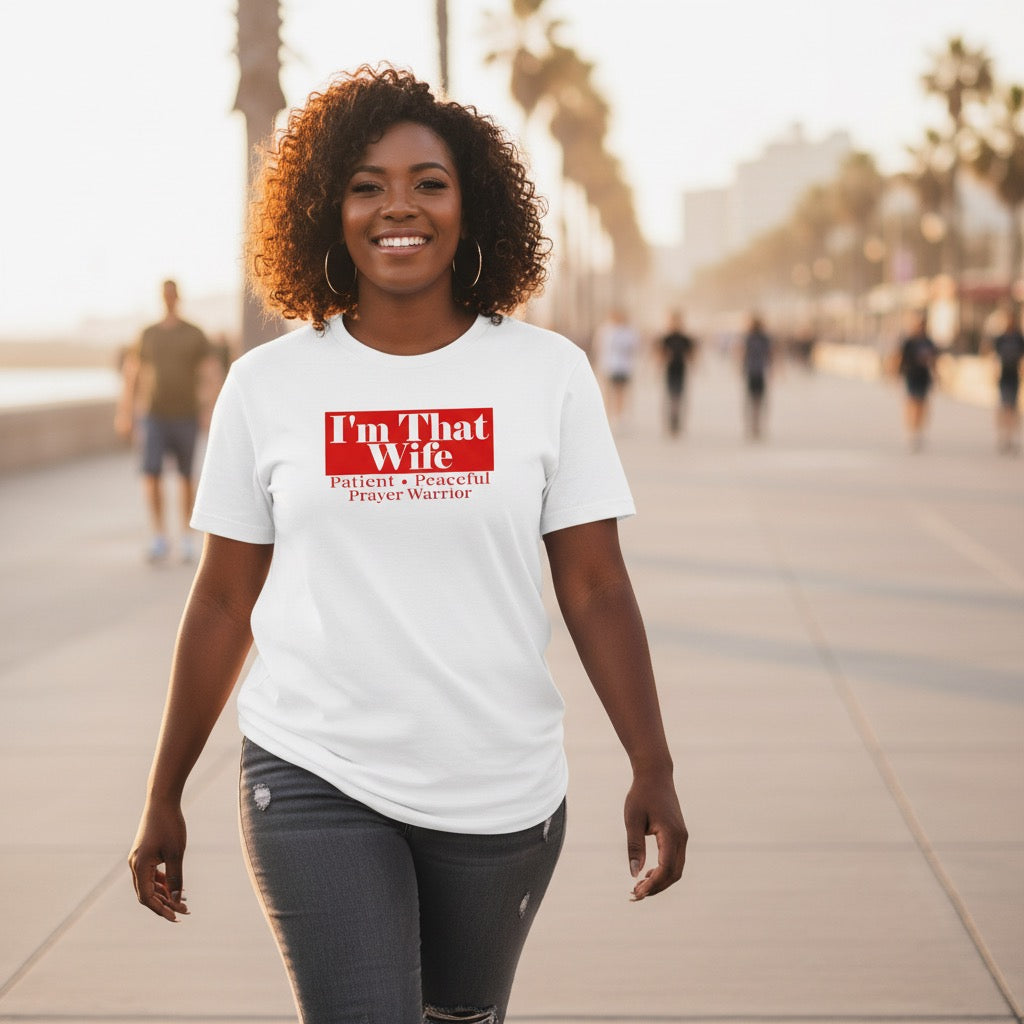Woman wearing a white t-shirt with red text, standing on a sidewalk with a blurred background