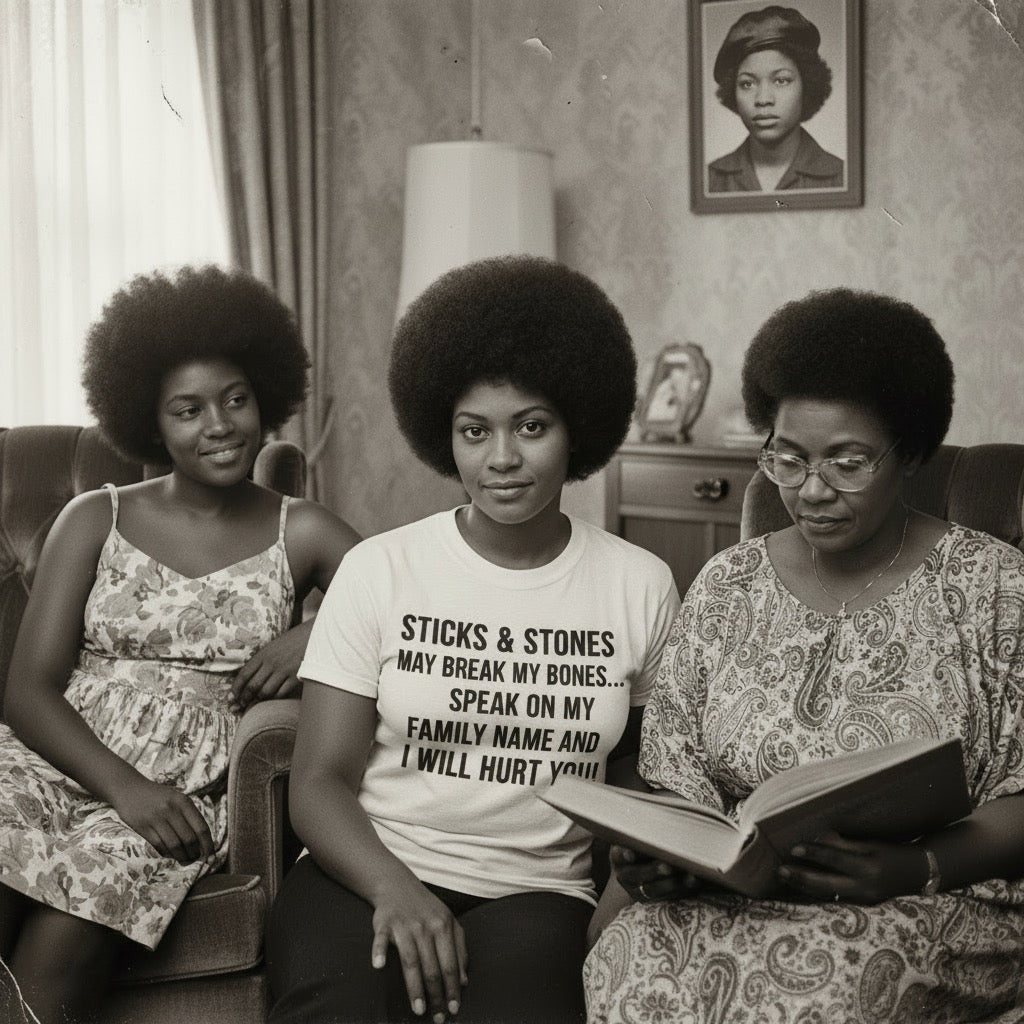 Three Black women sitting together, with one wearing a shirt with text, in a room with a lamp and portrait on the wall.