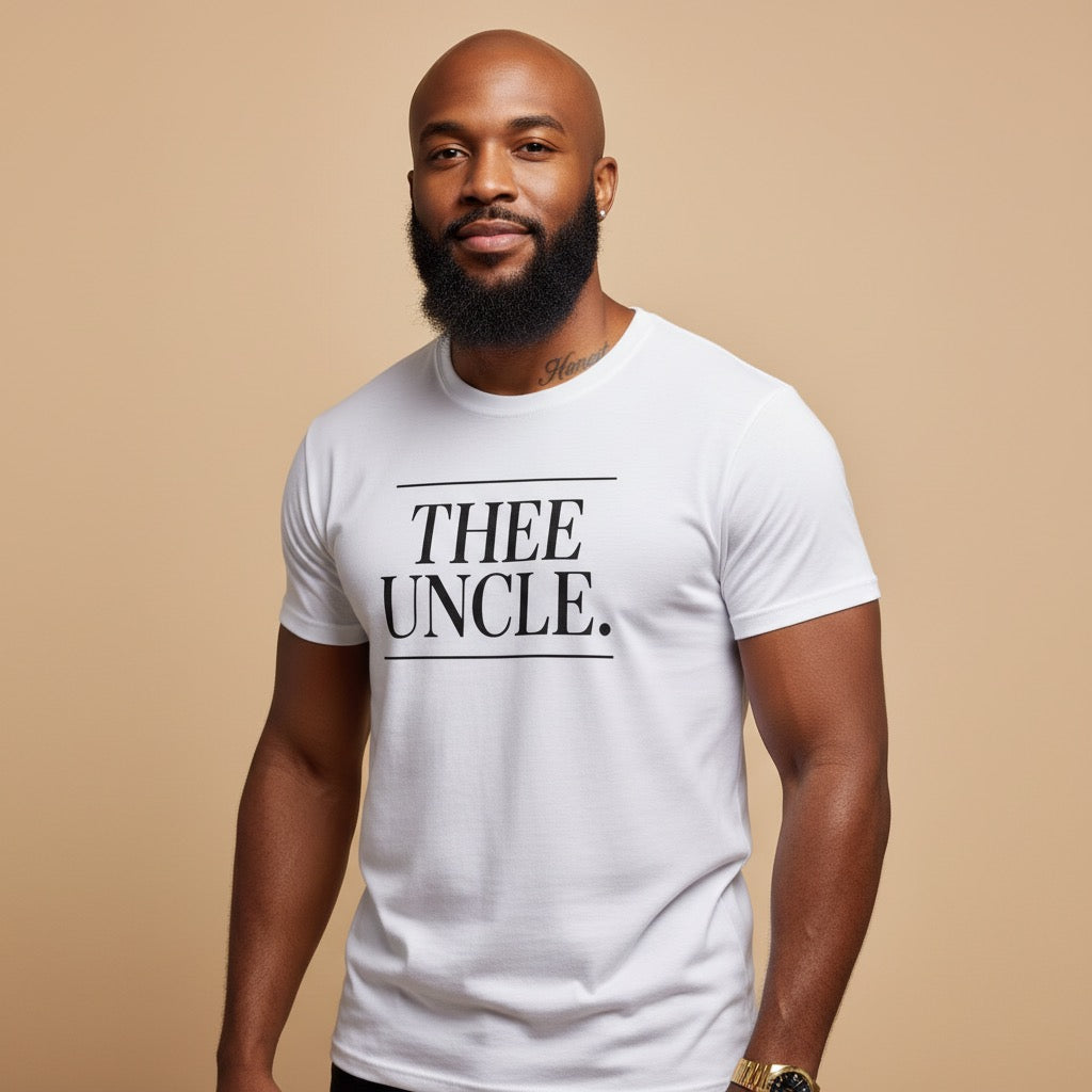 Man wearing a white t-shirt with 'THEE UNCLE' text on a beige background