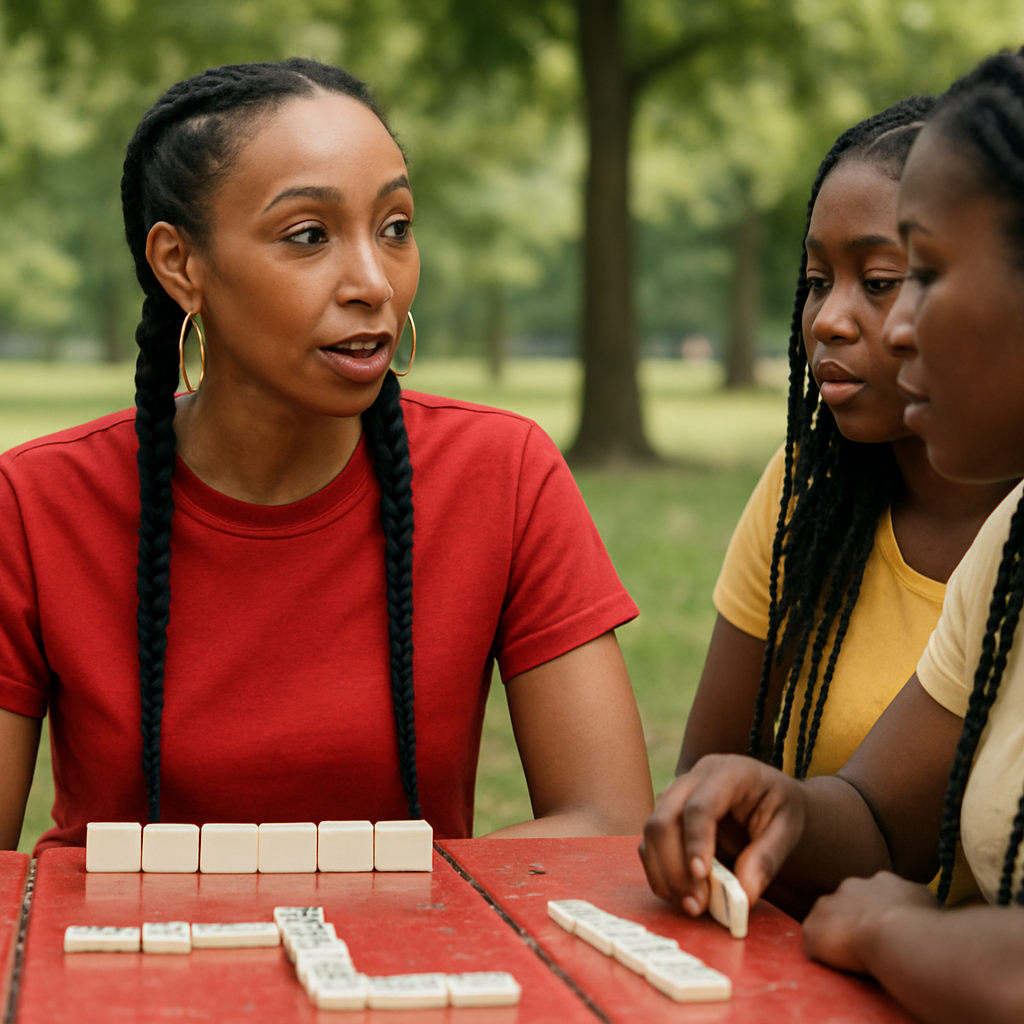 she is looking at the person on her left, and talking.  her braids are on her back.