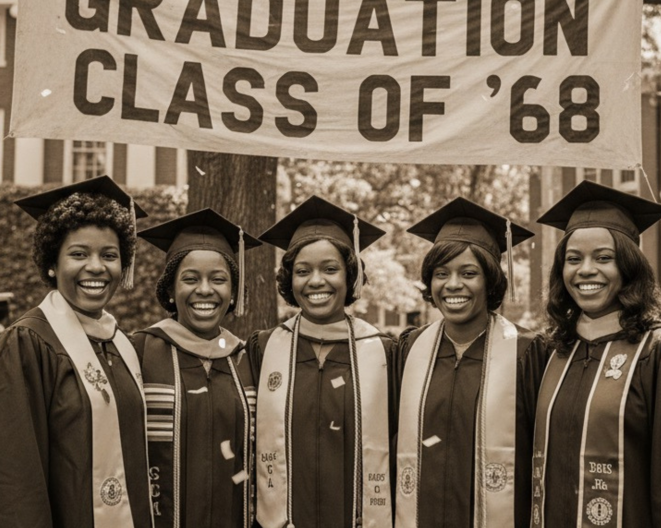 Five women in graduation gowns and caps standing under a 'Graduation Class of '68' banner.
