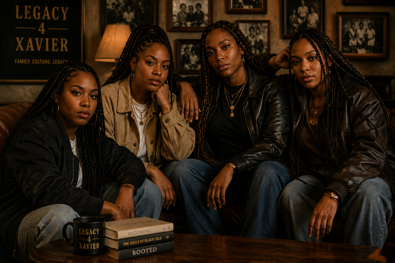 Four women sitting together in a room with books and a mug on a table.