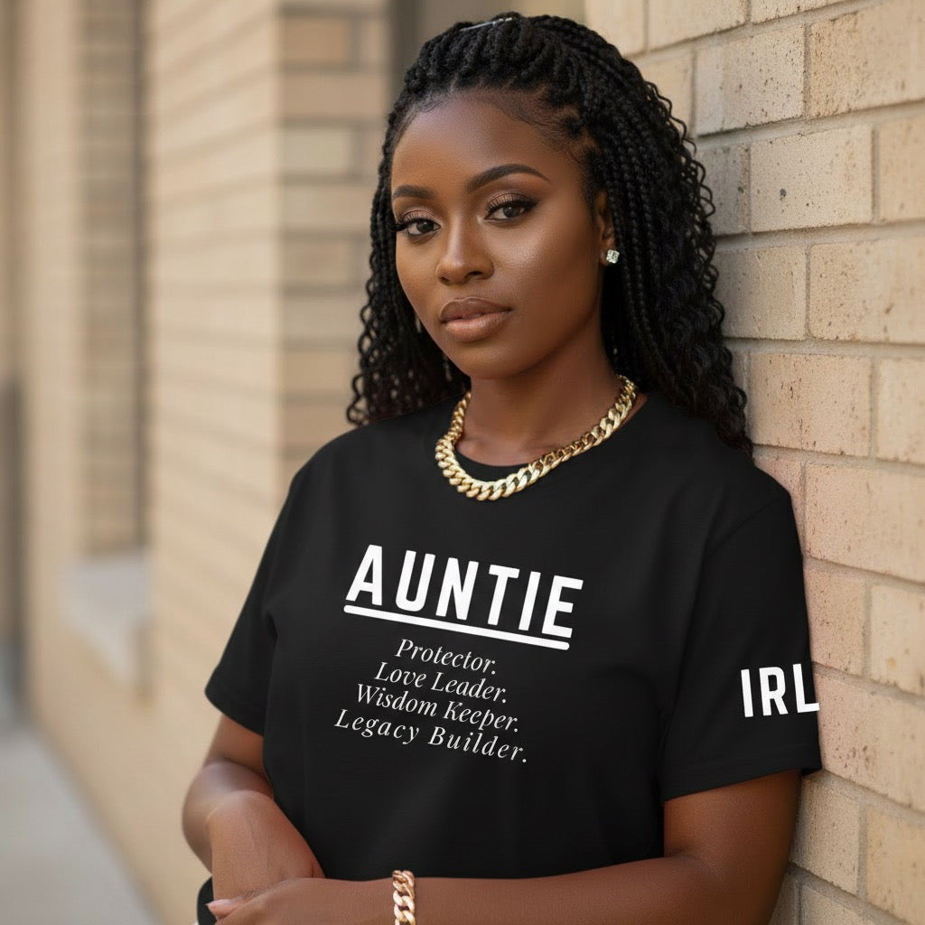 Black unisex Auntie statement t-shirt featuring Protector Love Leader Wisdom Keeper Legacy Builder design