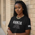 Black unisex Auntie statement t-shirt featuring Protector Love Leader Wisdom Keeper Legacy Builder design