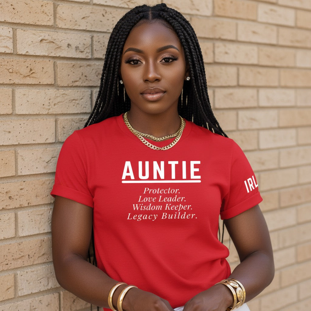 Red unisex Auntie statement t-shirt featuring Protector Love Leader Wisdom Keeper Legacy Builder design