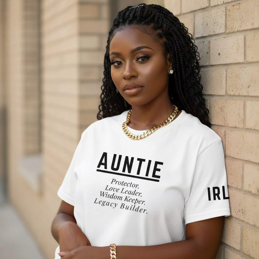 White unisex Auntie statement t-shirt featuring Protector Love Leader Wisdom Keeper Legacy Builder design