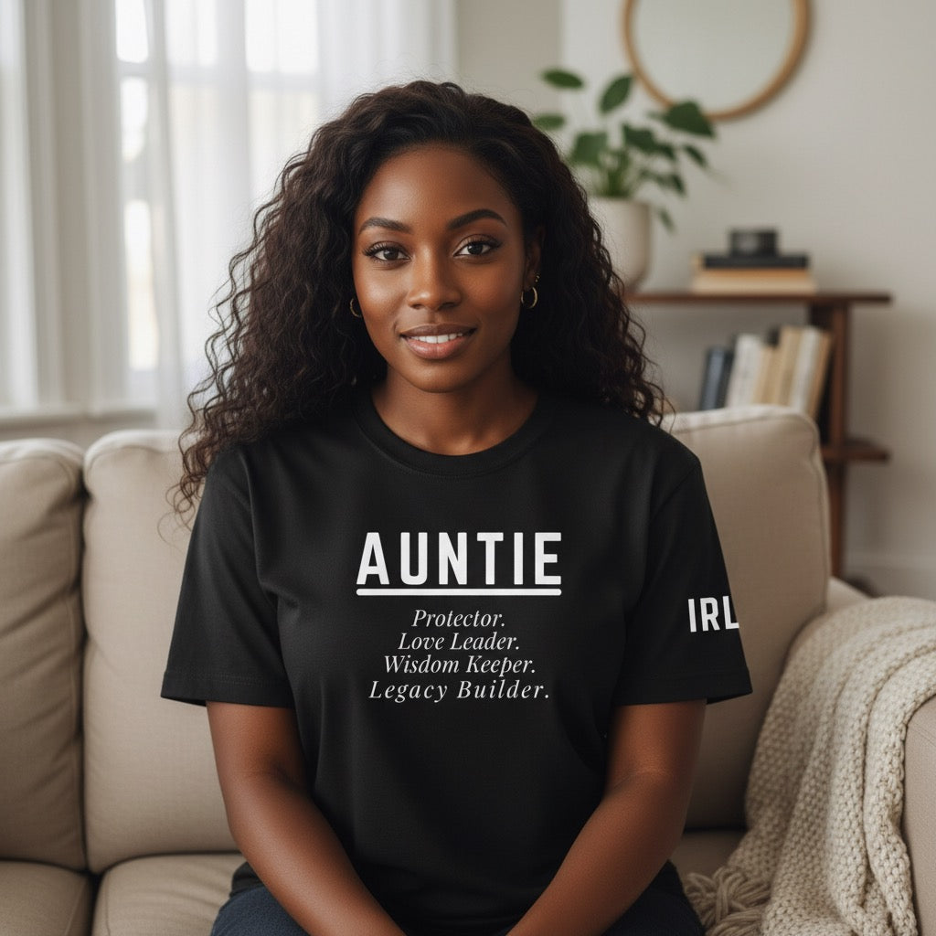 Black woman wearing Auntie statement apparel by Legacy 4 Xavier