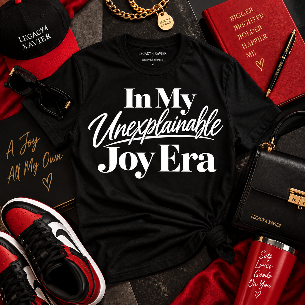 Flat lay of Legacy 4 Xavier In My Unexplainable Joy Era statement t-shirt