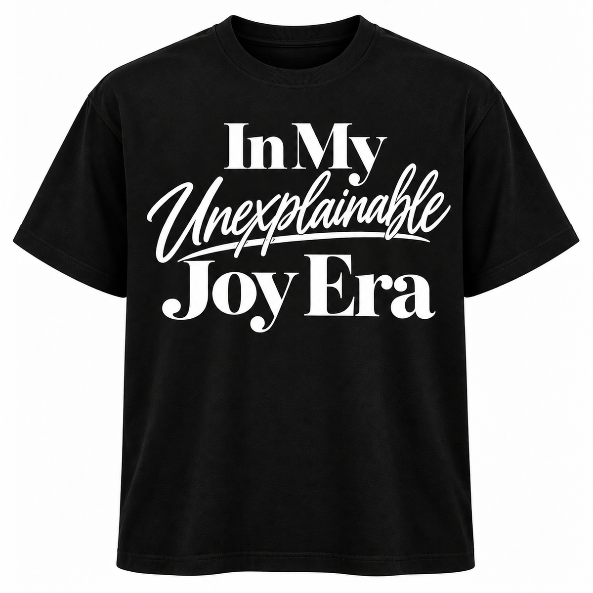 Black woman wearing an “In My Unexplainable Joy Era” graphic t-shirt from Legacy 4 Xavier