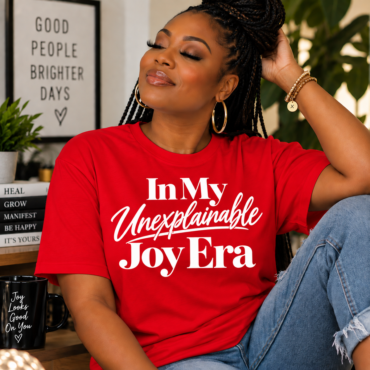 Red “In My Unexplainable Joy Era” graphic t-shirt with white typography by Legacy 4 Xavier