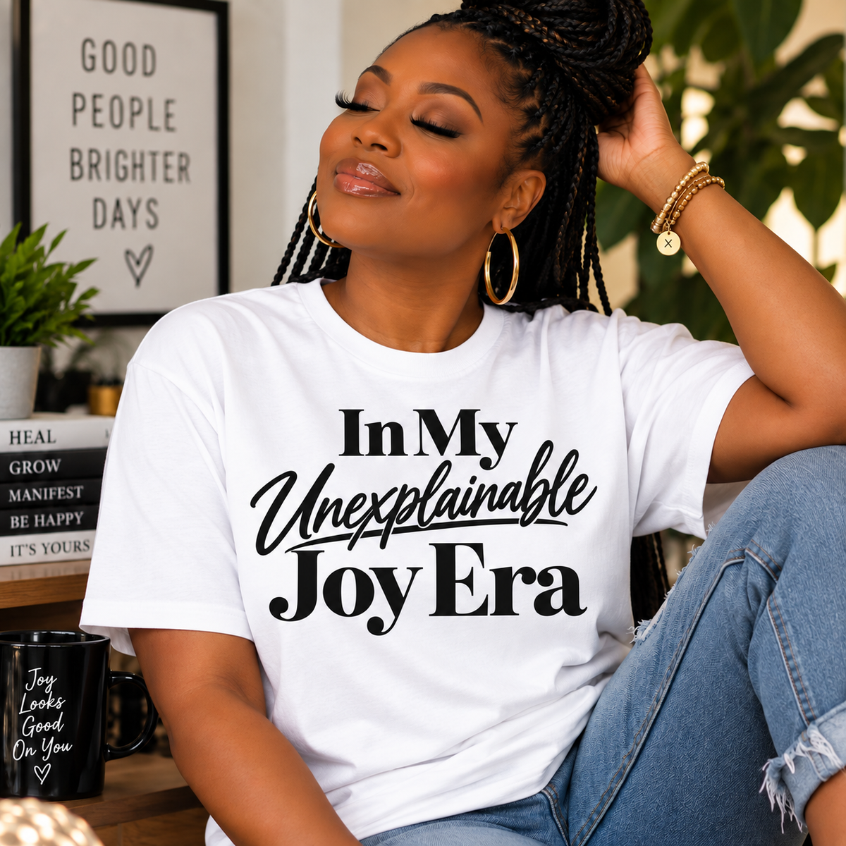 White “In My Unexplainable Joy Era” statement t-shirt from Legacy 4 Xavier