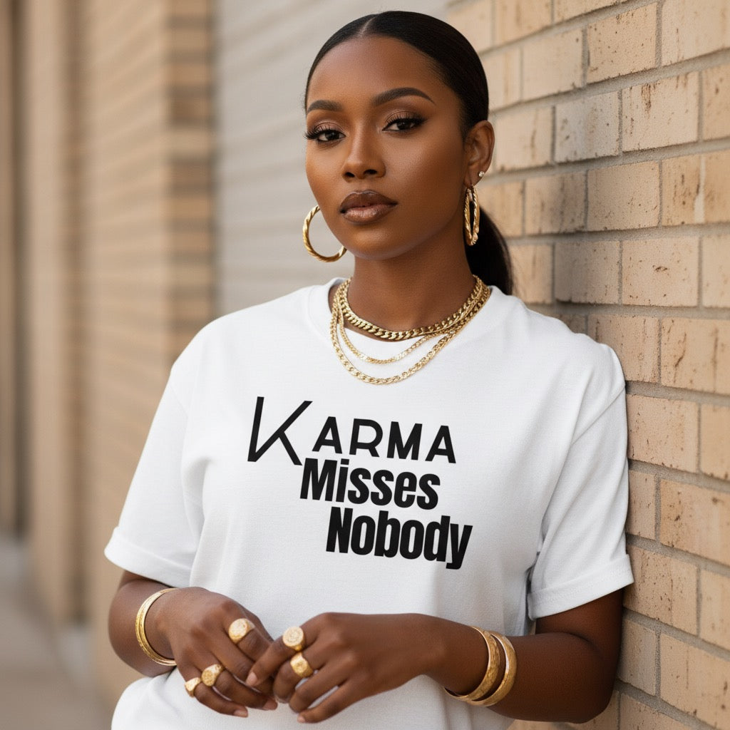 White statement t-shirt featuring “Karma Misses Nobody” typography design