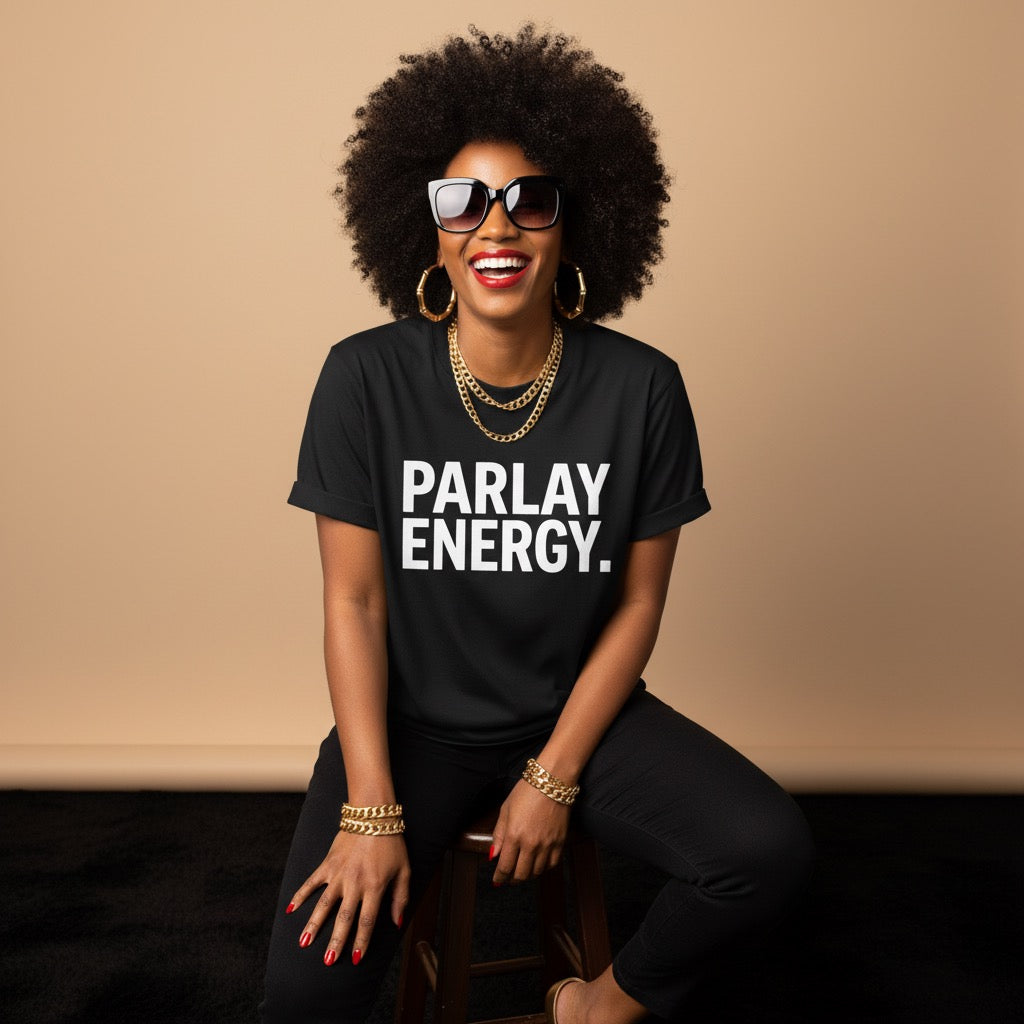 Black unisex statement t-shirt featuring “Parlay Energy” typography design inspired by Black entertainment culture
