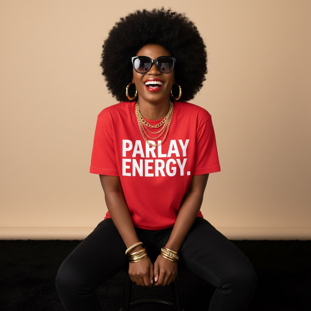Red unisex “Parlay Energy” shirt inspired by comedy and television references