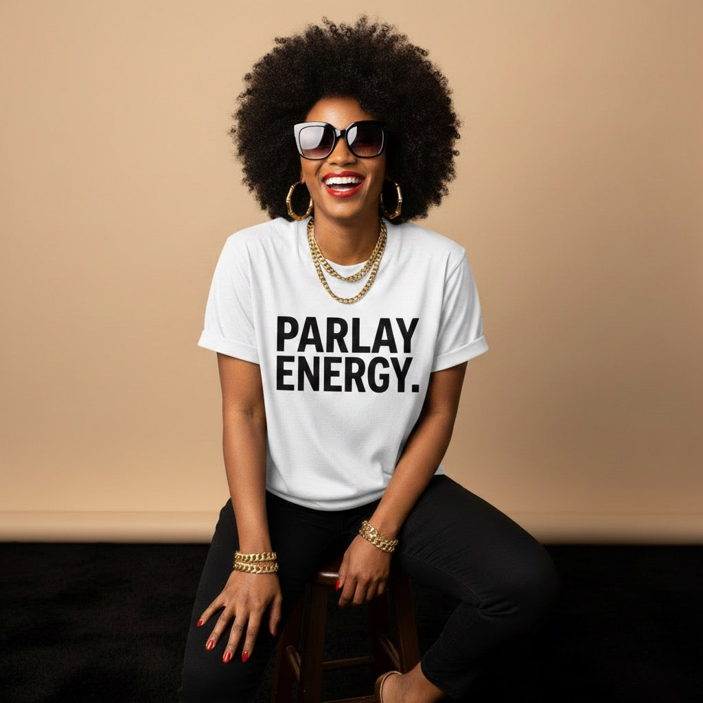 White statement t-shirt with “Parlay Energy” minimal graphic design
