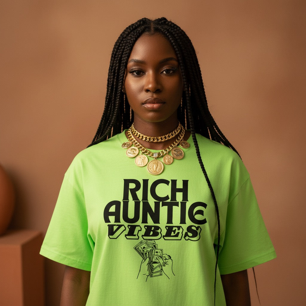Woman wearing a green t-shirt with 'Rich Auntie Vibes' text against a brown background