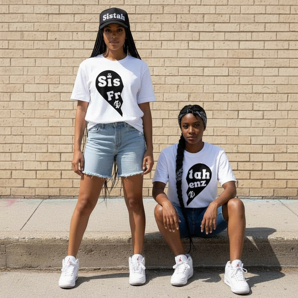Matching Sistah Frenz statement t-shirts inspired by Black sisterhood and lifelong friendship