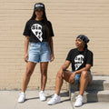 Matching Sistah Frenz statement t-shirts inspired by Black sisterhood and lifelong friendship
