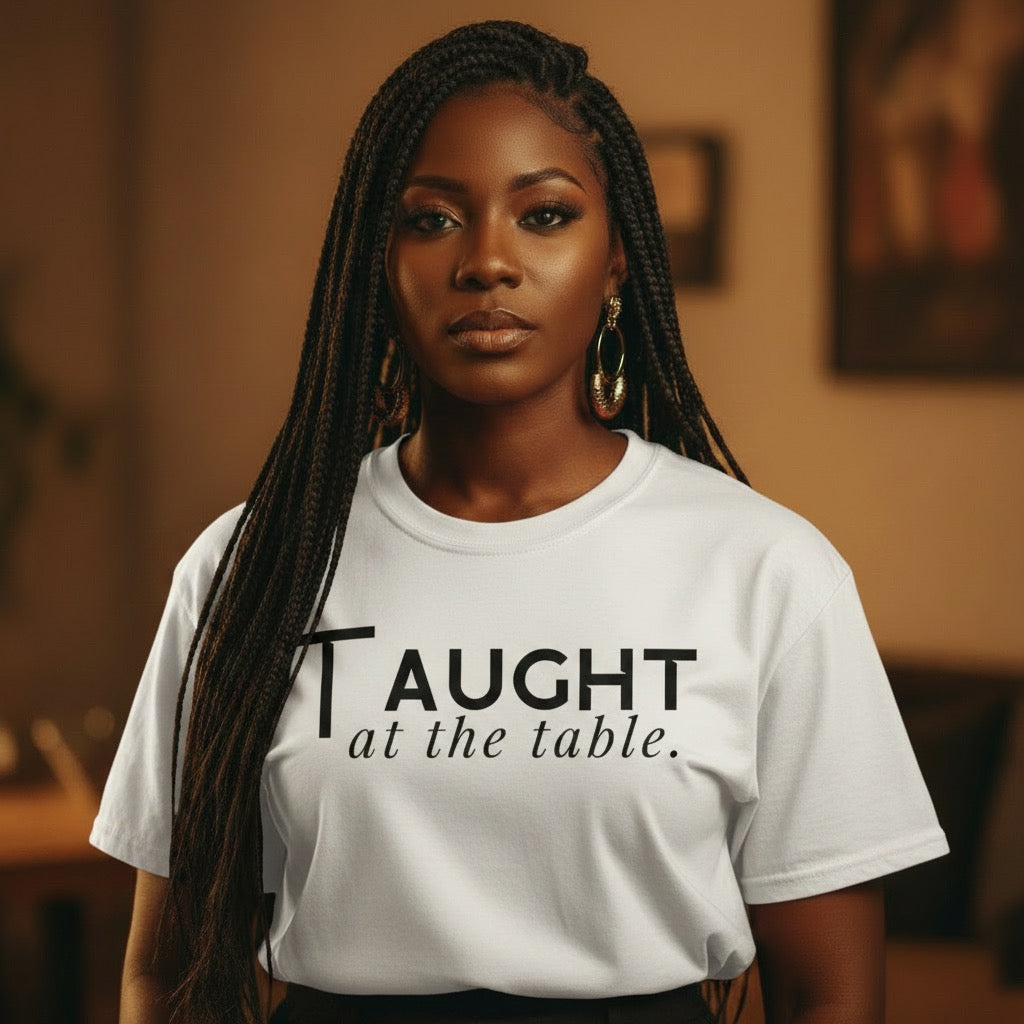 Taught At The Table statement t-shirt by Legacy 4 Xavier inspired by family wisdom and generational lessons