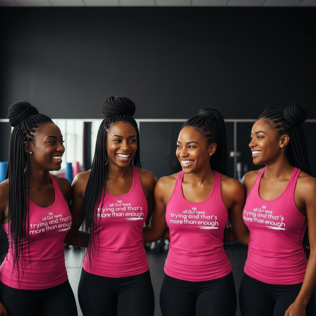 Four women standing together in a gym setting, wearing matching bright pink athletic tank tops with white text that reads 'We all out here Trying and that's more than enough' and black leggings.